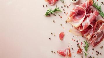 Top view isolated background with a variety of meat and sausage products photo