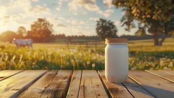 Dairy products packed in a green field of grass photo