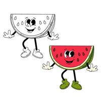 Slice of ripe watermelon in flat style. Watermelon character. Groovy character. Funny cartoon retro character watermelon in flat and doodle style. vector