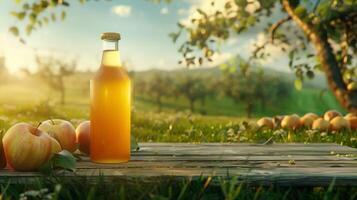 Packed apple juice on a background of green grass field photo