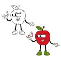 Ripe red apple with a worm. Funny cartoon retro character apple in flat and doodle style. Groovy character. vector