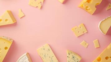 Top view background with a variety of cheese products photo