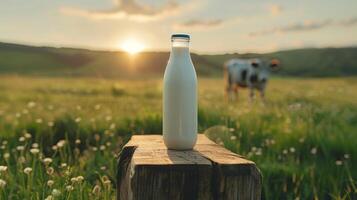 Dairy products packed in a green field of grass photo