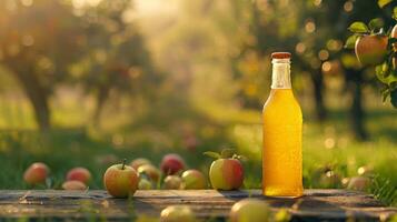 Packed apple juice on a background of green grass field photo