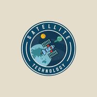 satélite a exterior espacio emblema logo ilustración modelo icono gráfico diseño. aeroespacial firmar o símbolo para astronomía concepto con circulo Insignia tipografía estilo vector