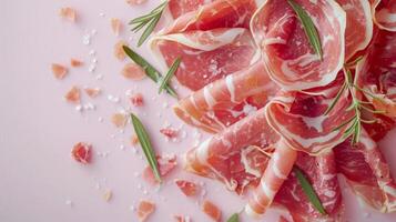 Top view isolated background with a variety of meat and sausage products photo