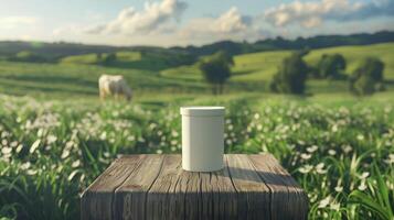 Dairy products packed in a green field of grass photo