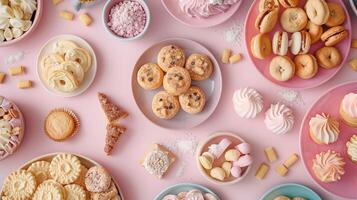 Top view background with a variety of bakery products and bread photo