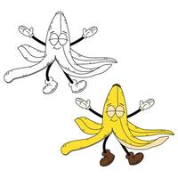 Groovy banana skin character. Banana skin. Dancing cartoon retro character banana in flat and doodle style. vector