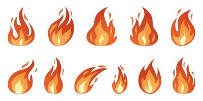 Fire flames icon set. Bright fireball, heat wildfire, campfire red hot bonfire, red fiery flames. Hand drawn isolated on white. Trendy flat style Cartoon flame illustration vector