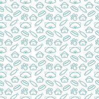 Seamless pattern with a cats muzzle, bowl, paw, house, fish. Doodle outline illustration. vector