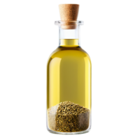 Perilla seed oil in a clear glass jar with a sprinkle of perilla seeds on png