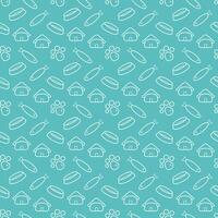 Seamless pattern with a bowl, paw, house, fish. Doodle outline illustration. vector