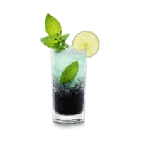 Charcoal mint limeade with mint sprigs and lime slices suspended in black liquid Food and png