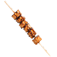 Teriyaki tempeh skewers juicy and caramelized sizzling and turning with a misty spray of teriyaki png