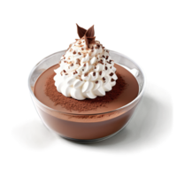 A mouthwatering and indulgent chocolate mousse in a round, clear glass dish, topped with whipped cream an png