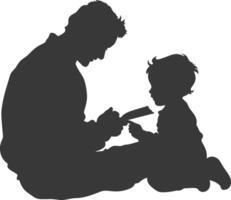 Silhouette father reading a book to child full body black color only vector