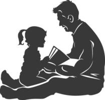 Silhouette father reading a book to child full body black color only vector