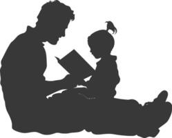 Silhouette father reading a book to child full body black color only vector