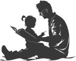 Silhouette father reading a book to child full body black color only vector