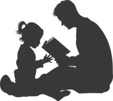 Silhouette father reading a book to child full body black color only vector