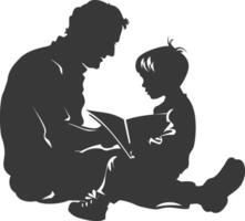 Silhouette father reading a book to child full body black color only vector