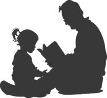 Silhouette father reading a book to child full body black color only vector