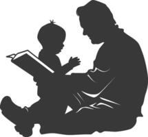 Silhouette father reading a book to child full body black color only vector