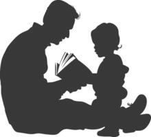 Silhouette father reading a book to child full body black color only vector