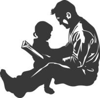 Silhouette father reading a book to child full body black color only vector