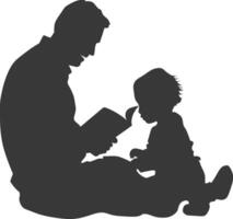 Silhouette father reading a book to child full body black color only vector