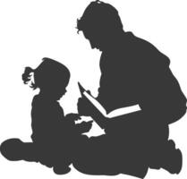 Silhouette father reading a book to child full body black color only vector