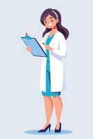 Smiling female doctor holding clipboard- vector