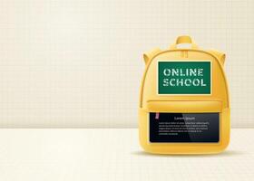 en línea colegio aprendizaje concepto. un mochila con un colegio tablero y un Internet tableta en el antecedentes de un a cuadros cuaderno. vector