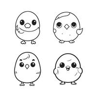 Cute bird illustration black and white cartoon character design collection. White background. Pets, Animals. vector