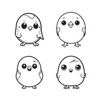 Cute bird illustration black and white cartoon character design collection. White background. Pets, Animals. vector