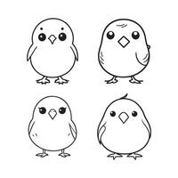 Cute bird illustration black and white cartoon character design collection. White background. Pets, Animals. vector