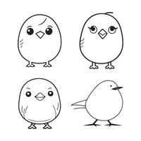 Cute bird illustration black and white cartoon character design collection. White background. Pets, Animals. vector