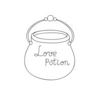 Witch cauldron with love potion hand drawn outline illustration, cooking pot for magic or poison drink, simple doodle image, black and white drawing for Halloween holiday celebrations vector