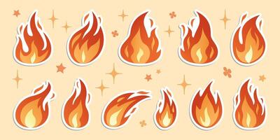Fire flames icon stickers set. Bright fireball, heat wildfire, campfire red hot bonfire, red fiery flames. Hand drawn isolated on white. Trendy flat style cartoon sticker flames illustration vector