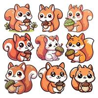 Squirrel stickers collection. Use for children's illustrations, greeting cards, holidays, stickers, web design, print. vector