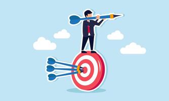 Result driven business strategy, professionally setting and achieving business targets, concept of Smart businessman balancing and controlling a rotating target with an arrow hitting bullseye vector