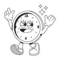 Retro cute wall clock character. Black and white illustration for coloring book vector