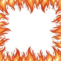 Flame square frame. Bright fiery flames, heat wildfire, campfire red hot bonfire. Burning frame hand drawn isolated on white. Trendy flat style cartoon burning frame illustration vector