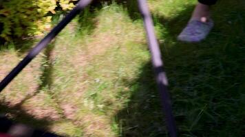 vrouw besnoeiing gras met mechanisch grasmaaier. ecologie en natuur. tuin en gazon. video