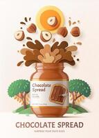 3d illustration Chocolate spread ads with splashing sauce from the bottle and trees elements in paper art style, white background vector