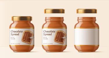 Chocolate spread package design, set of glass bottles isolated on beige background in 3d illustration vector