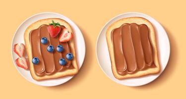 Chocolate spreading on two breads with blueberries and strawberry slices served in white plates over beige background in 3d illustration vector