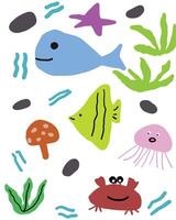 niños dibujo animales y vida en el mar vector