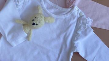 Set of baby bodysuits, pants, socks and knitted toy video